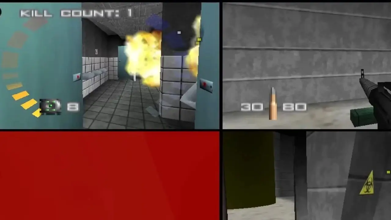 Aliens laddar mot spelaren i en hall i System Shock