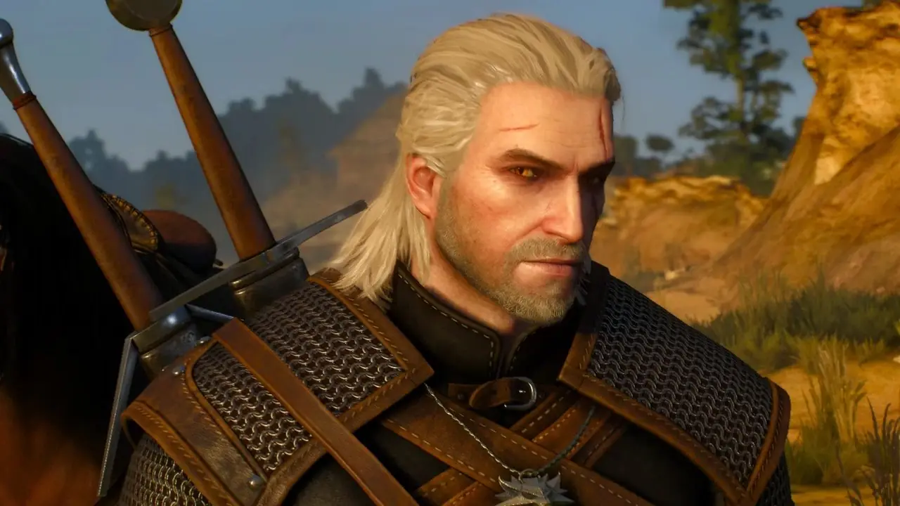 Geralt walczący z gryfem o zachodzie słońca w grze Wiedźmin 3 Dziki Gon Remastered