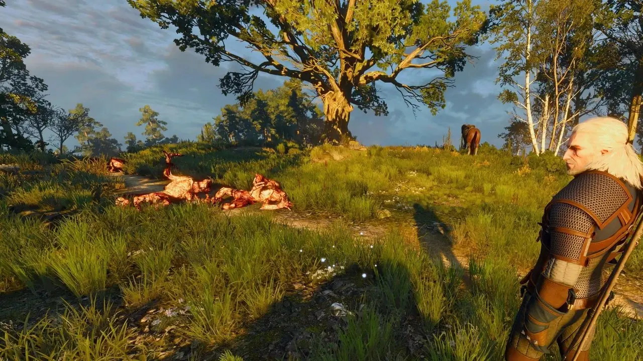 The Witcher 3 Wild Hunt Remastered'da Geralt gün batımında bir Griffin ile dövüşüyor