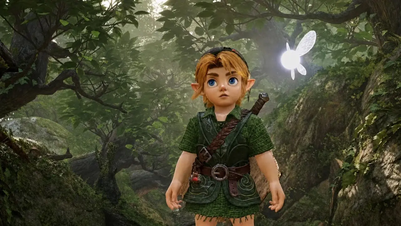 Switch 2의 시간의 젤다 오카리나 리메이크에서 코키리 숲의 젊은 링크 앞에 있는 젊은 링크와 젤다 아미보