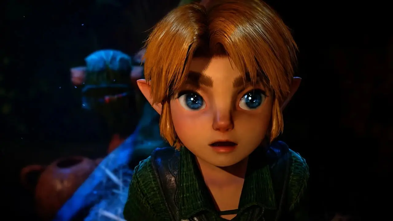 Colorido Deku Scrub y otras estatuas de monstruos exhibidas en pedestales dentro del Salón de los Enemigos Caídos en la nueva versión de Zelda Ocarina of Time
