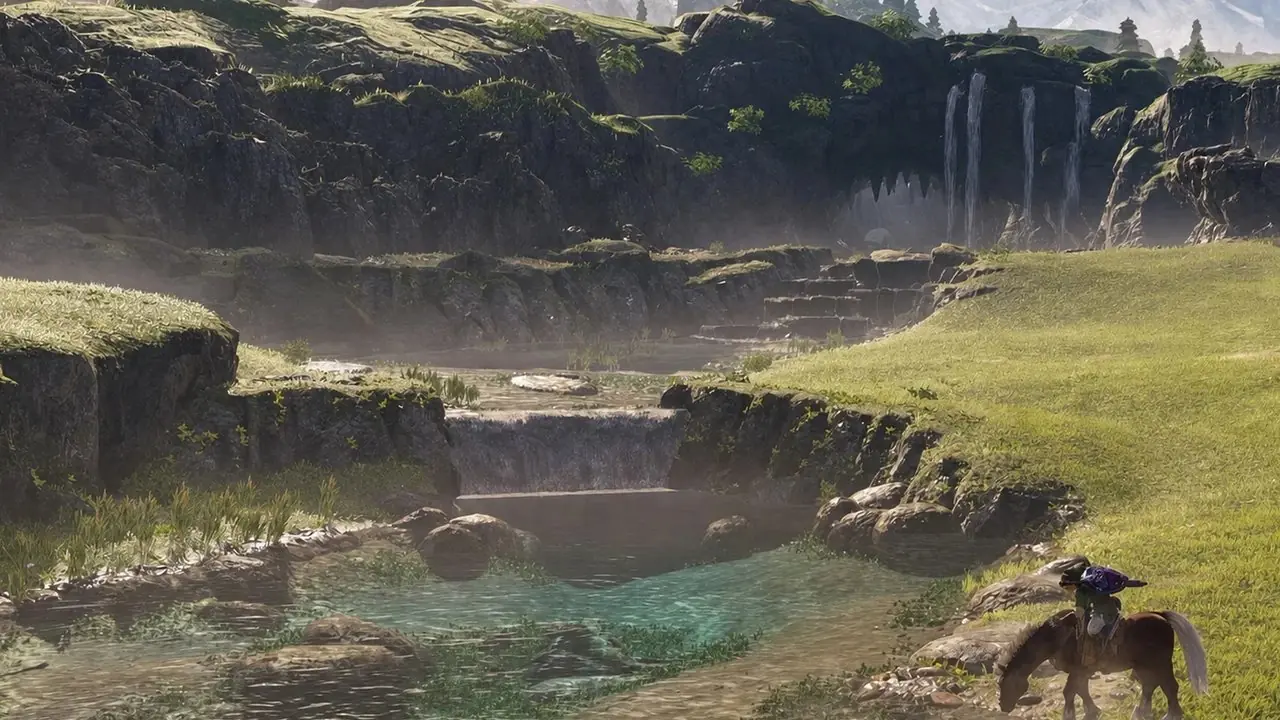 Switch 2'deki Zelda Ocarina of Time yeniden yapımındaki Hyrule Field'da bir nehrin yakınında Link ve Epona