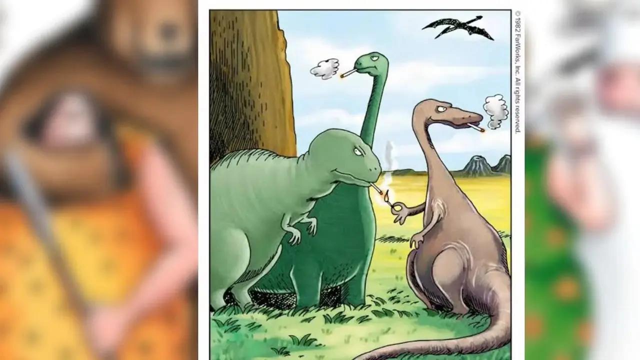 Dinosaurios de Far Side fumando y luciendo sombríos Dinosaurios de Far Side fumando y luciendo sombríos