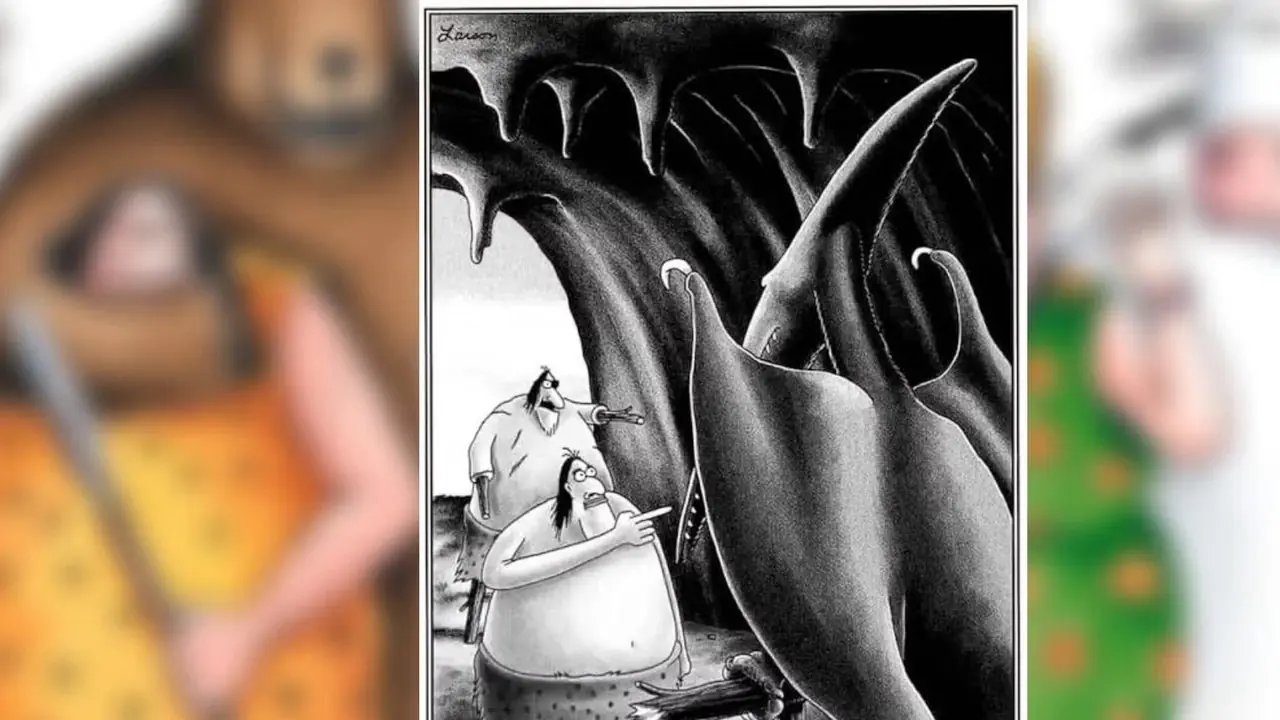 Hombres de las cavernas de Far Side intentando entrenar a Pteranodon Hombres de las cavernas de Far Side intentando entrenar a Pteranodon