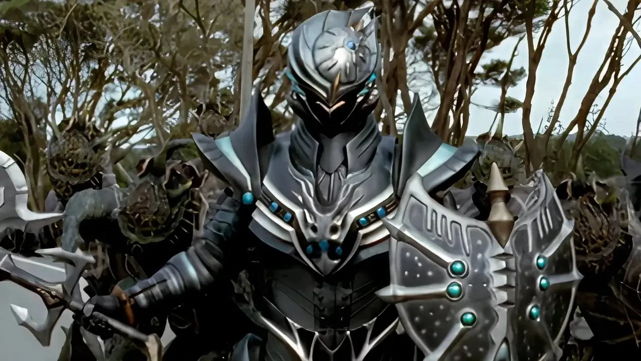 丽塔·雷普尔萨 (Rita Repulsa) 和佐德勋爵 (Lord Zedd) 在恐龙战队指挥中心上空的合成图像