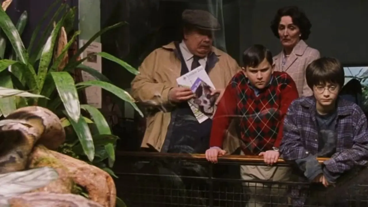 Vernon, Petunia og Dudley Dursley og Harry i dyrehagen i Harry Potter. Vernon, Petunia og Dudley Dursley og Harry i dyrehagen i Harry Potter.