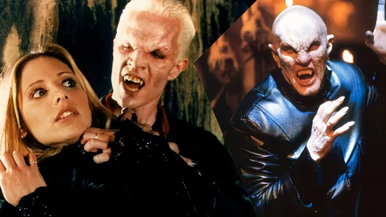Una imagen dividida del vampiro Spike atacando a Buffy Summers y The Master en Buffy the Vampire Slayer.