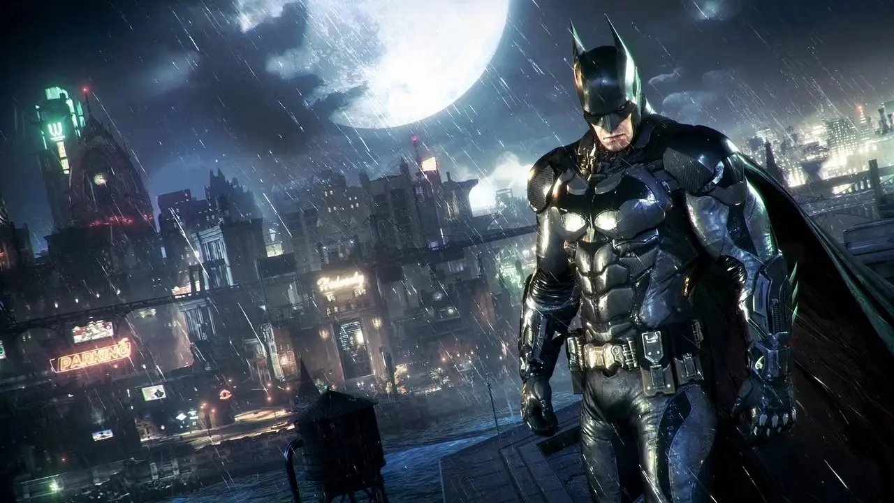 Un'immagine di Spider-Man sovrapposta a un'immagine di sfondo sfocato di Gotham City come raffigurata in Batman: Arkham Knight