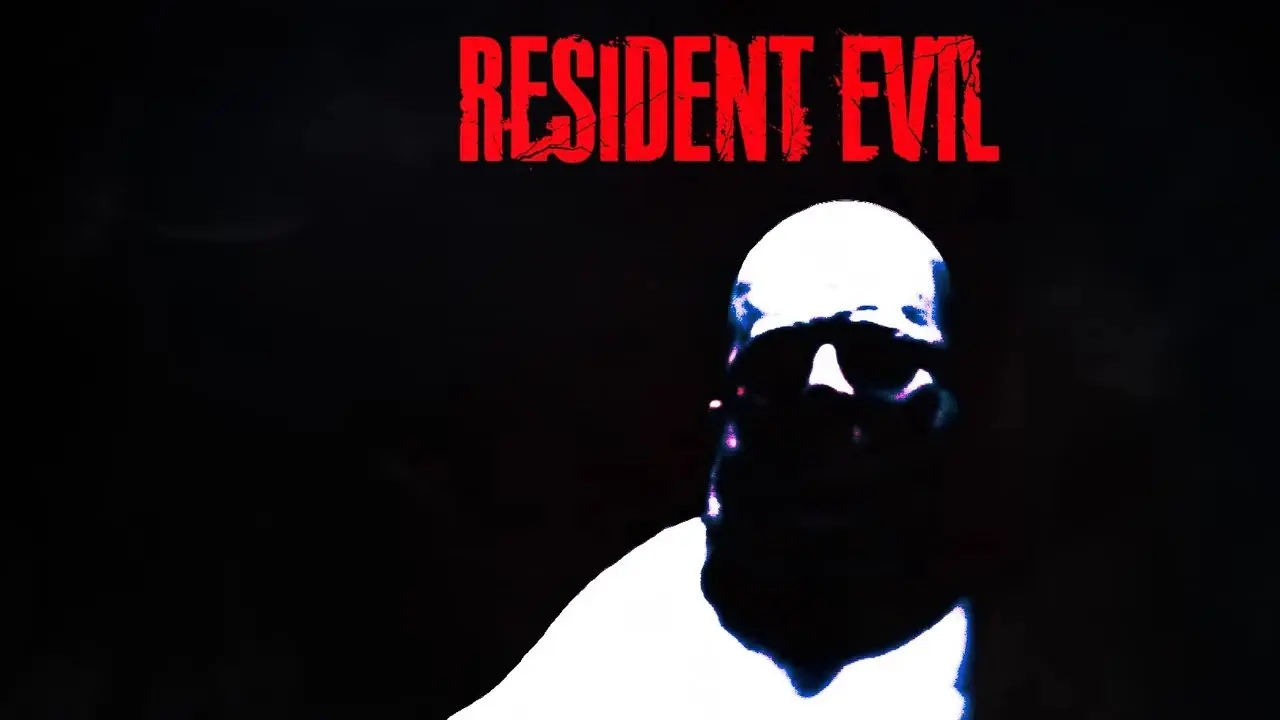 Logo du film Resident Evil 2026 sur une illustration d'horreur rouge et noire représentant des personnages sombres et des mains tendues.