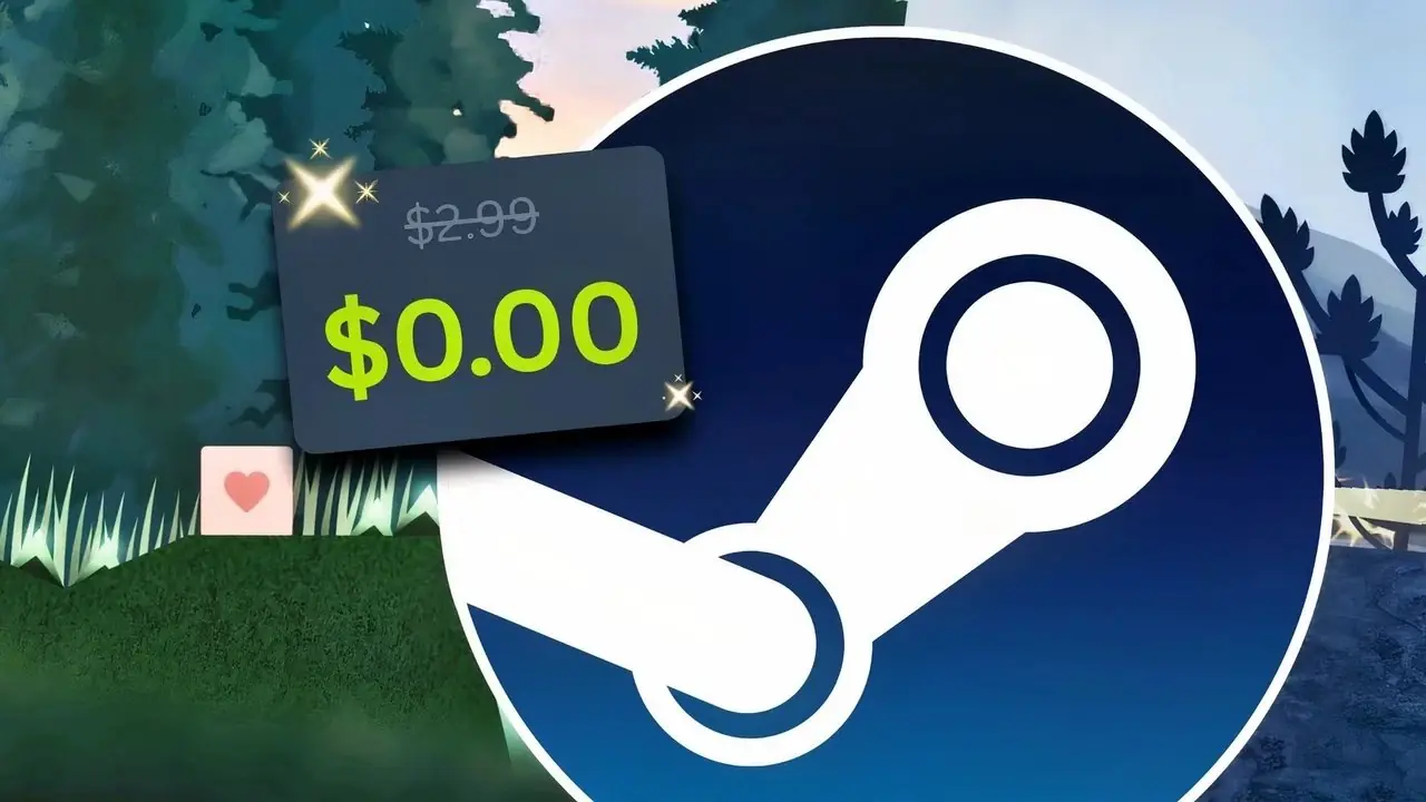 Logotipo de Steam con una insignia que implica un cien por ciento de descuento y dos imágenes de fondo que muestran la jugabilidad de Jump Adventures.