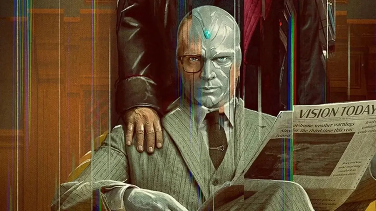 Vision se sienta en un sillón alternando entre sus formas humana y robótica en el póster recortado de VisionQuest. Vision se sienta en un sillón alternando entre sus formas humana y robótica en el póster recortado de VisionQuest.