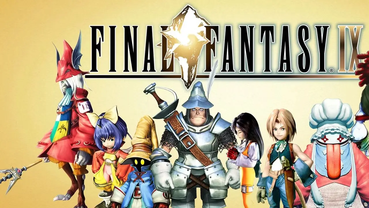Personagens principais da arte de Final Fantasy 9 FF9 com logotipo do jogo em fundo amarelo