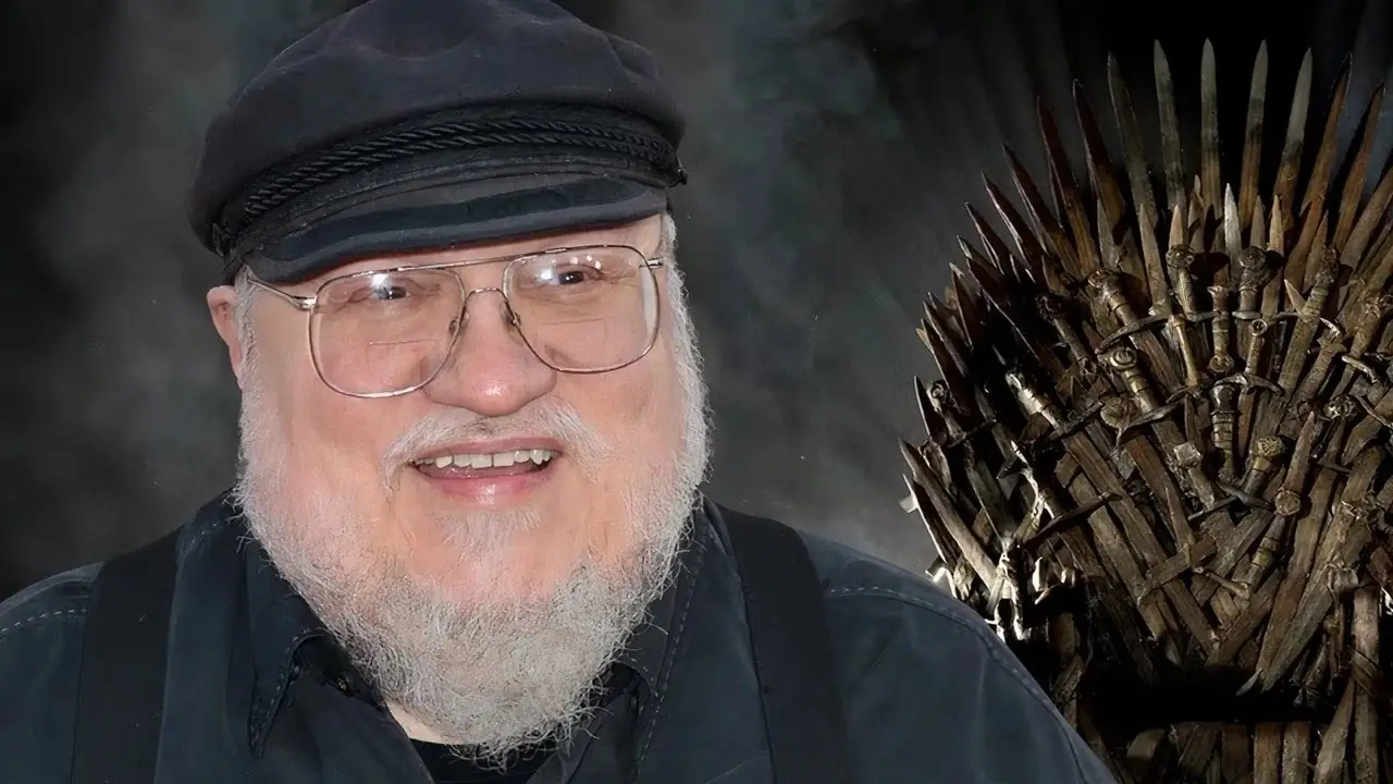 Et sammensatt bilde av George R. R. Martin og Iron Throne fra Game of Thrones