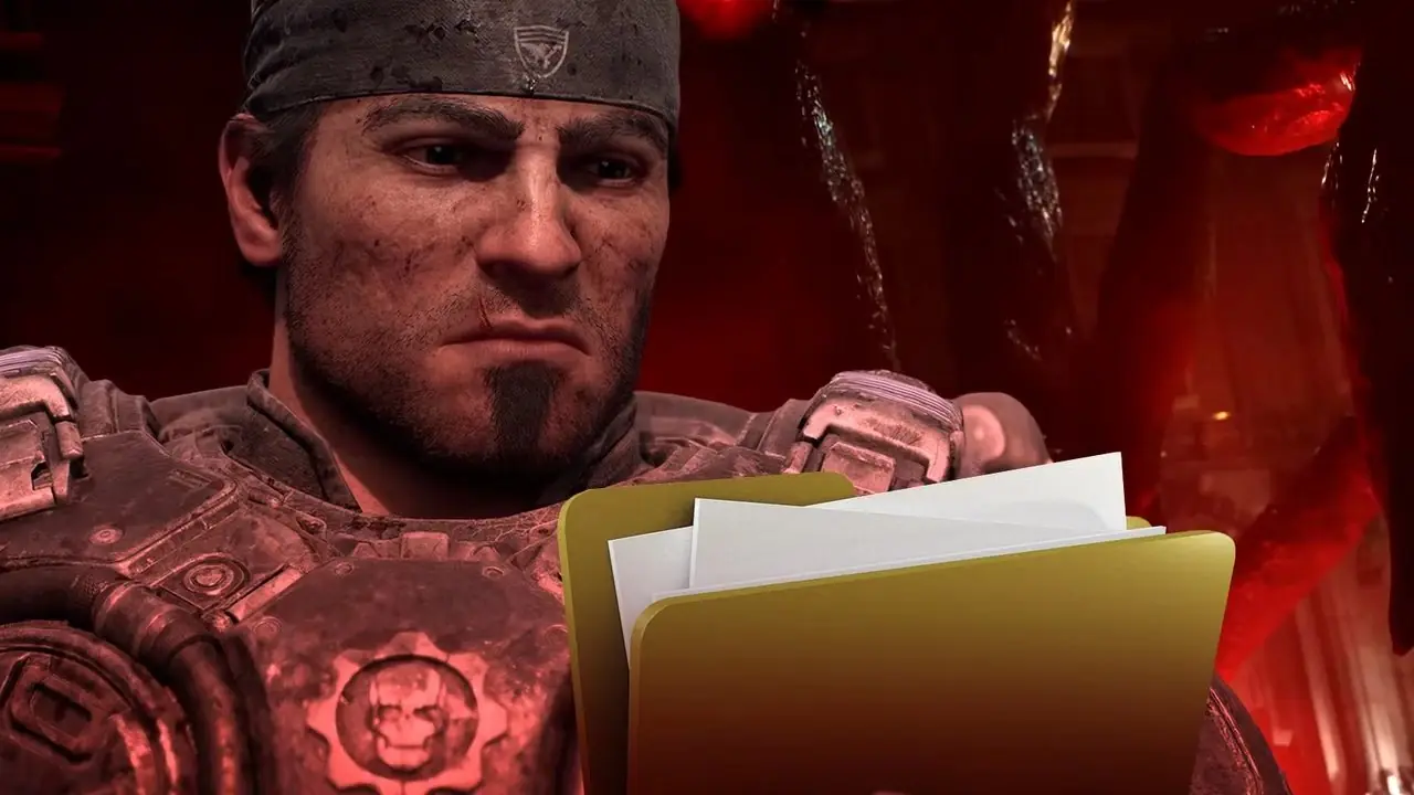 Una imagen de Marcus Fenix ​​de Gears of War: E-Day sosteniendo una carpeta llena de archivos.
