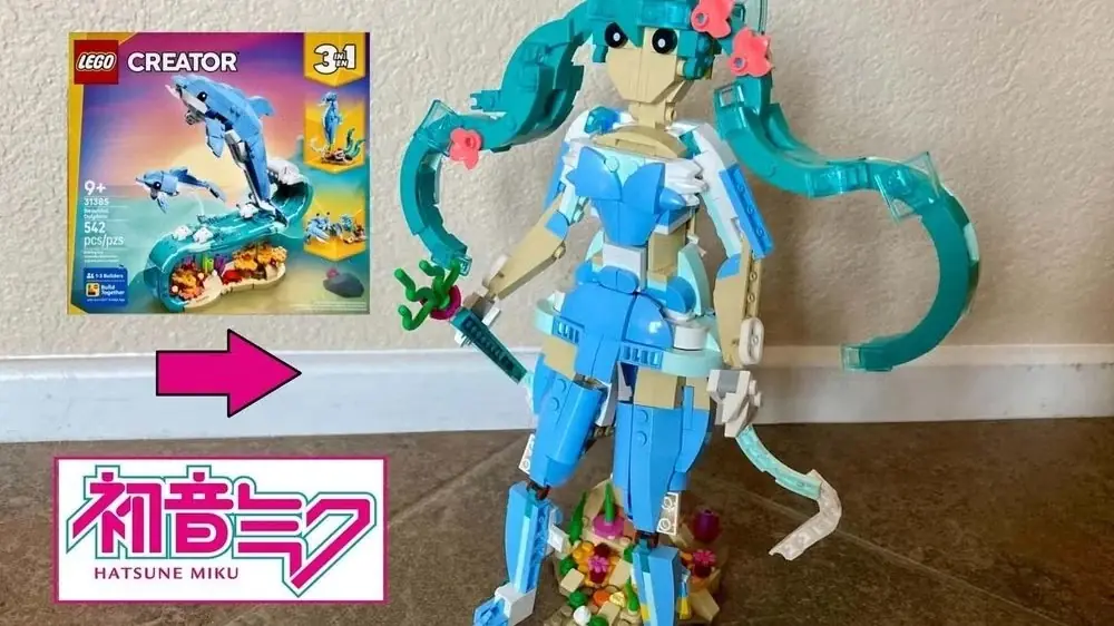 LEGO のロゴ、初音ミク、LEGO イルカをオーバーレイした LEGO ブロックの画像