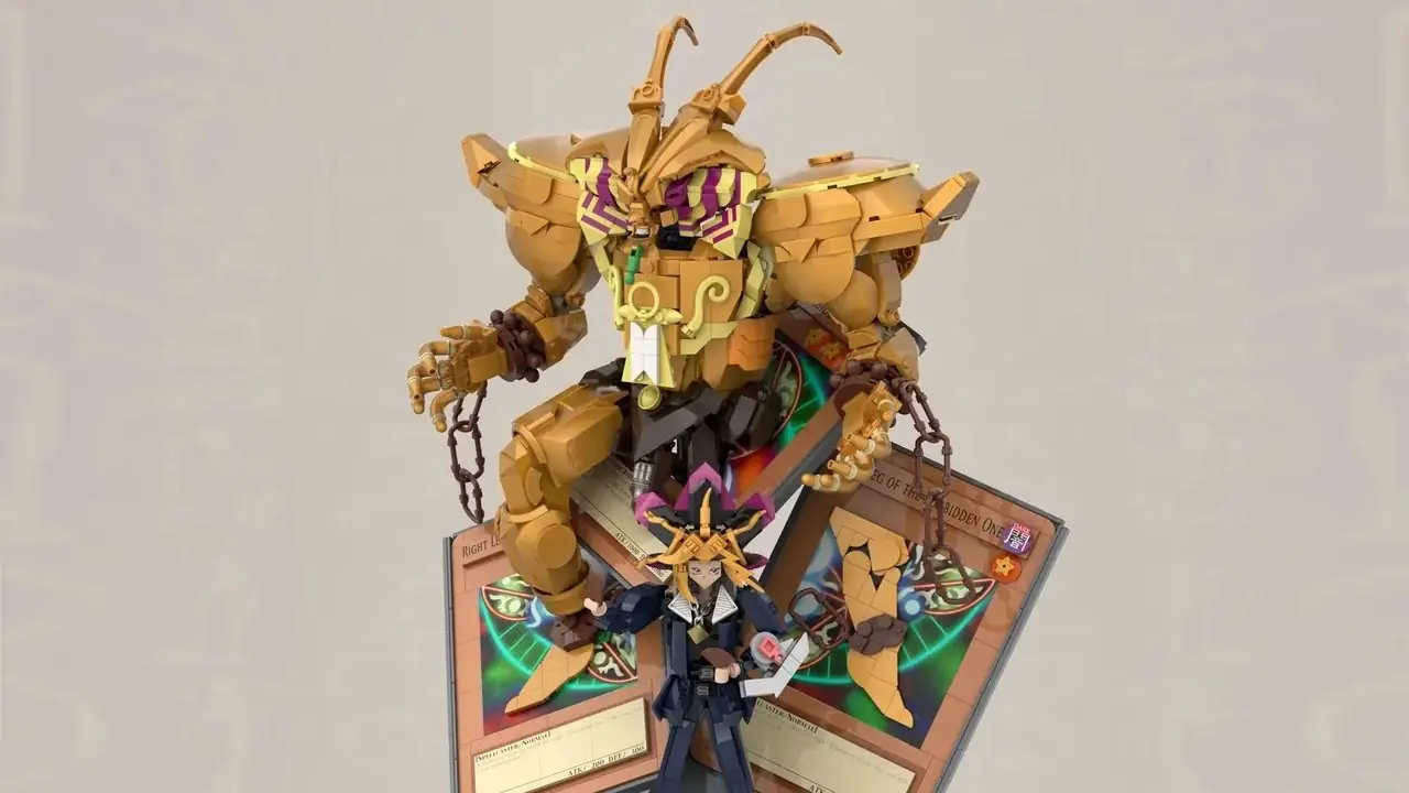 Yugi Muto de Yu-Gi-Oh! anime con ladrillos LEGO de fondo