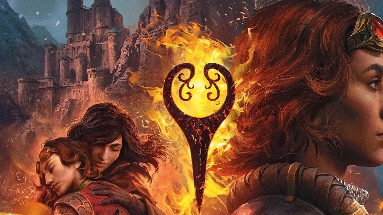 صورة رمادية اللون لـ Reality Fracture، تُظهر راكبي الطائرات الأصليين (Lorwyn Five) من Magic: The Gathering