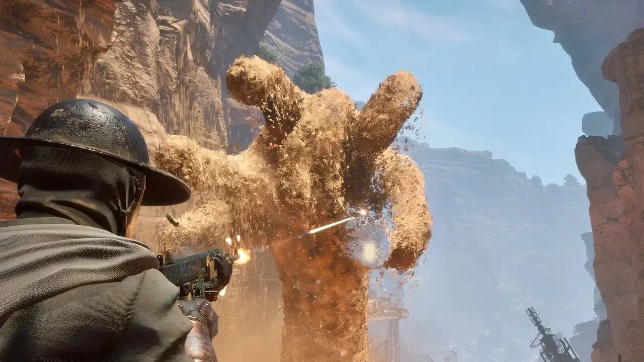 El jugador de Canyons dispara a una horda de zombis mientras viaja en un rastreador en el desierto.