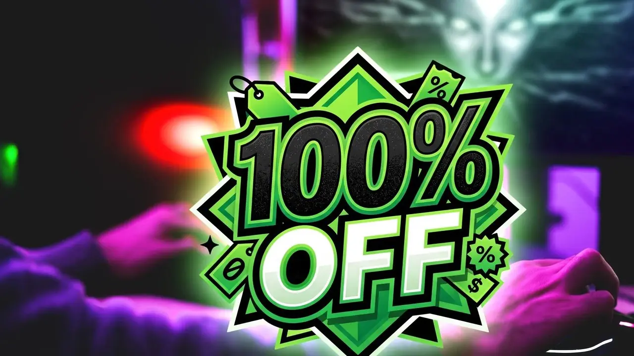 100-Prozent-Rabatt-Aufkleber mit verschwommenem PC-Gamer und System Shock 2 im Hintergrund