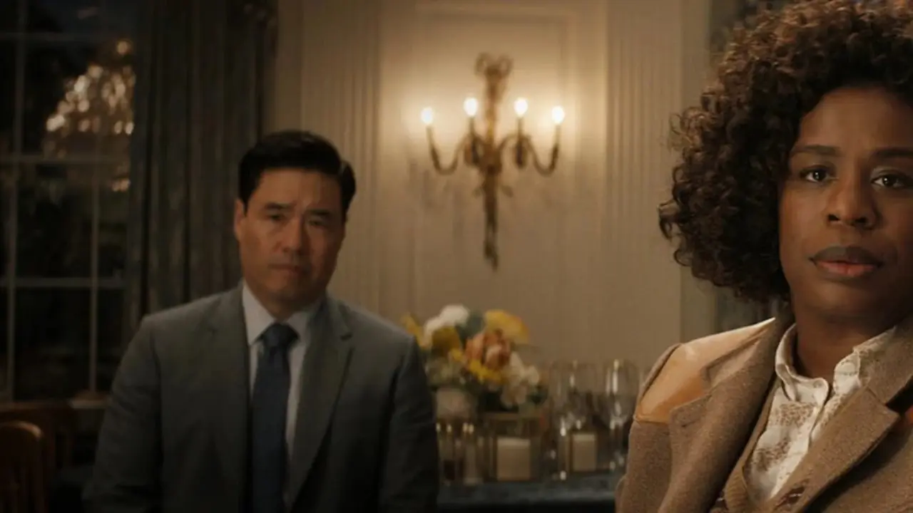 Randall Park y Uzo Aduba en el programa de Netflix The Residence
