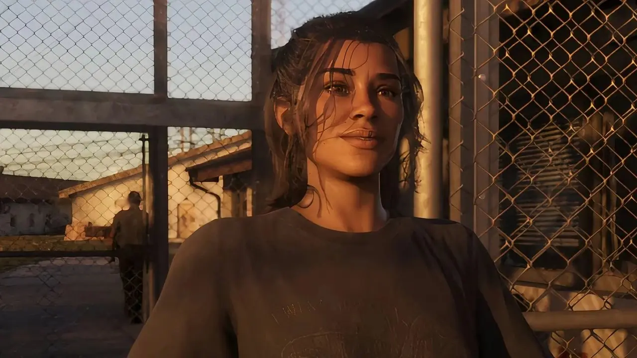 Lucia deitada na cama verificando o telefone em GTA 6