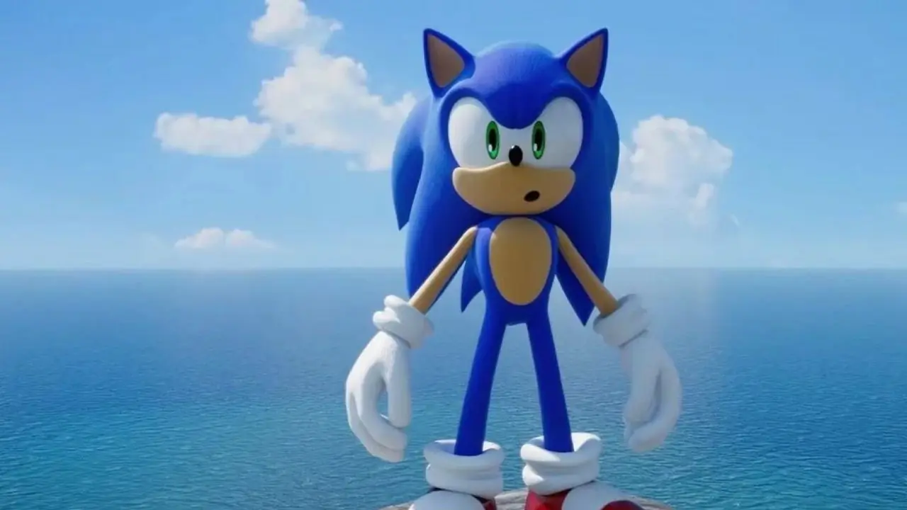 Sonic the Hedgehog parece sorprendido mientras está parado en un acantilado con vista al agua