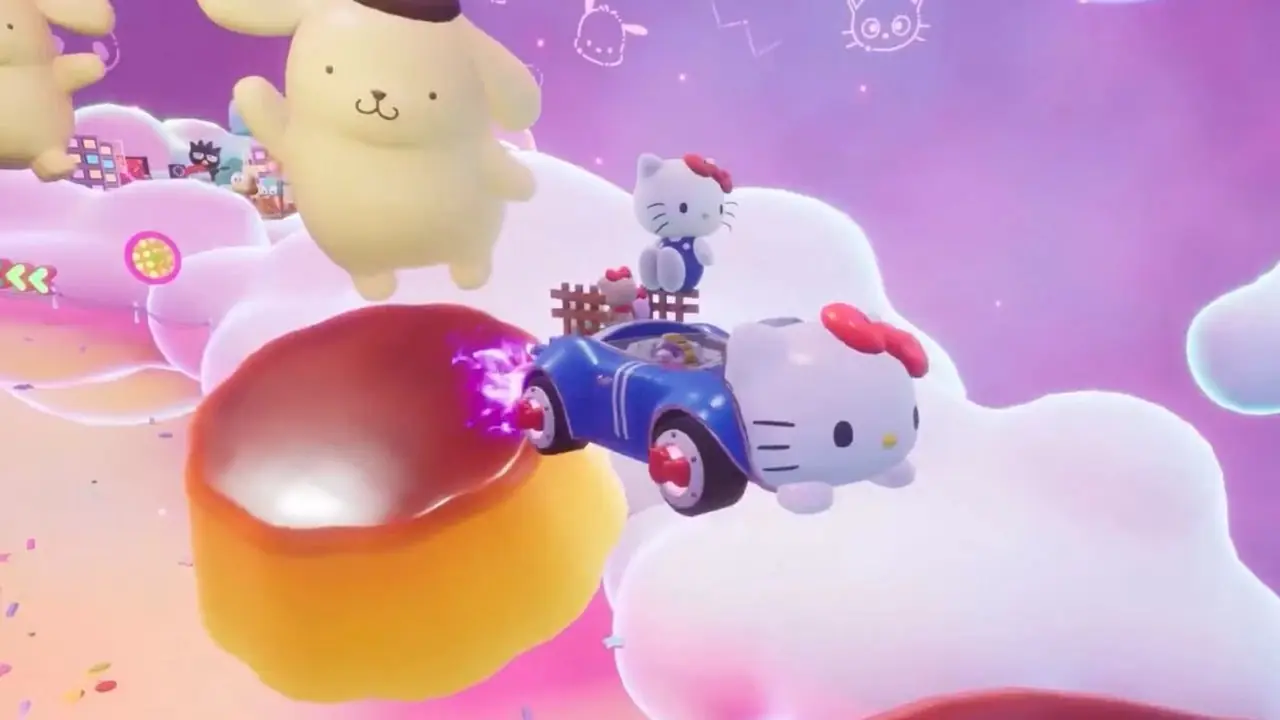 Hello Kitty en su corredor en Sonic Racing: CrossWorlds