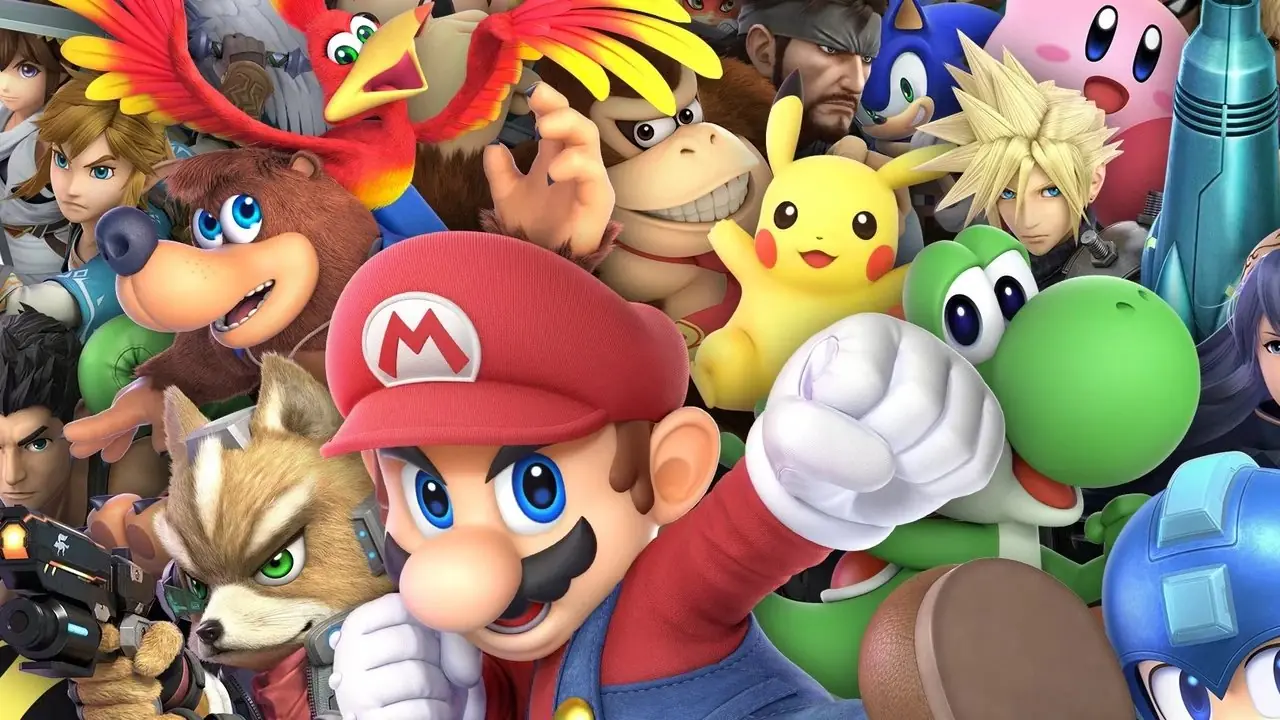 postacie Super Smash Bros z zachodem słońca w tle