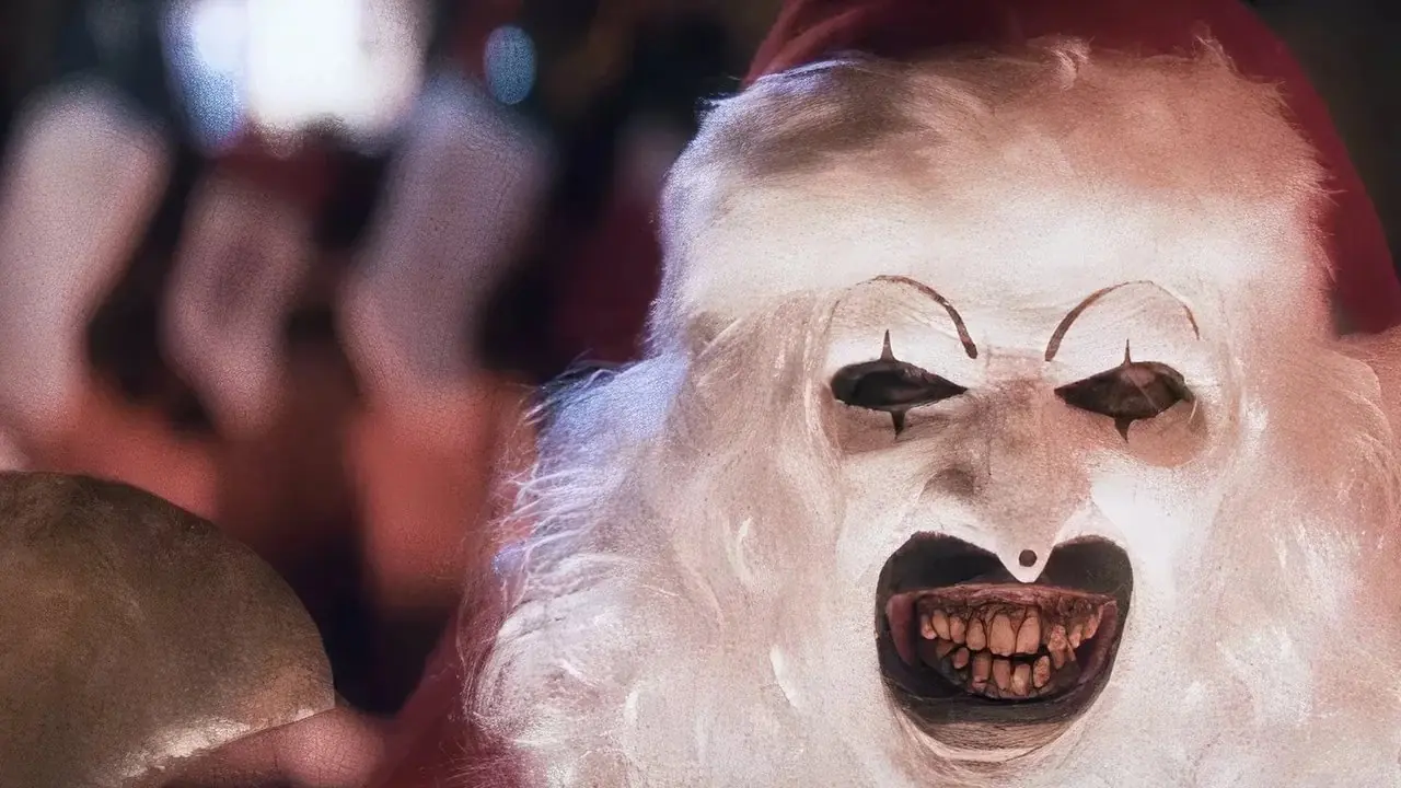 David Howard Thorton como Art the Clown con un disfraz sangriento de Papá Noel, sosteniendo un hacha en la casa de su víctima de Terrifier 3.