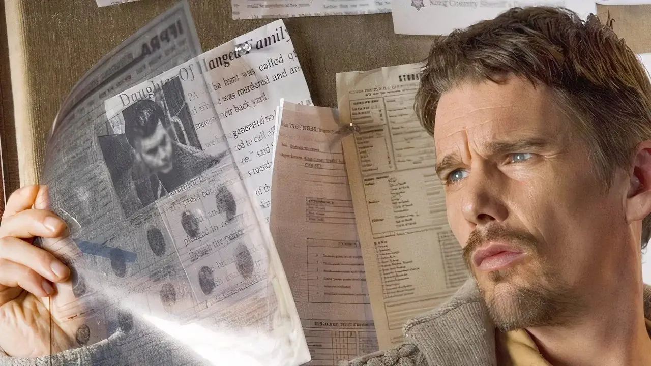 Ethan Hawke como Ellison Oswalt mirando un expediente policial transparente mientras usa una polo color canela y un cárdigan beige en Sinister. Ethan Hawke como Ellison Oswalt mirando un expediente policial transparente mientras usa una polo color canela y un cárdigan beige en Sinister.