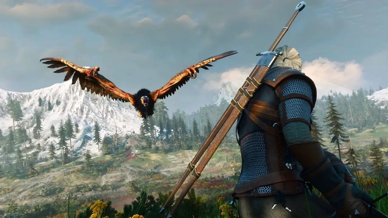 Rivialı Geralt uçan bir canavarla savaşıyor.