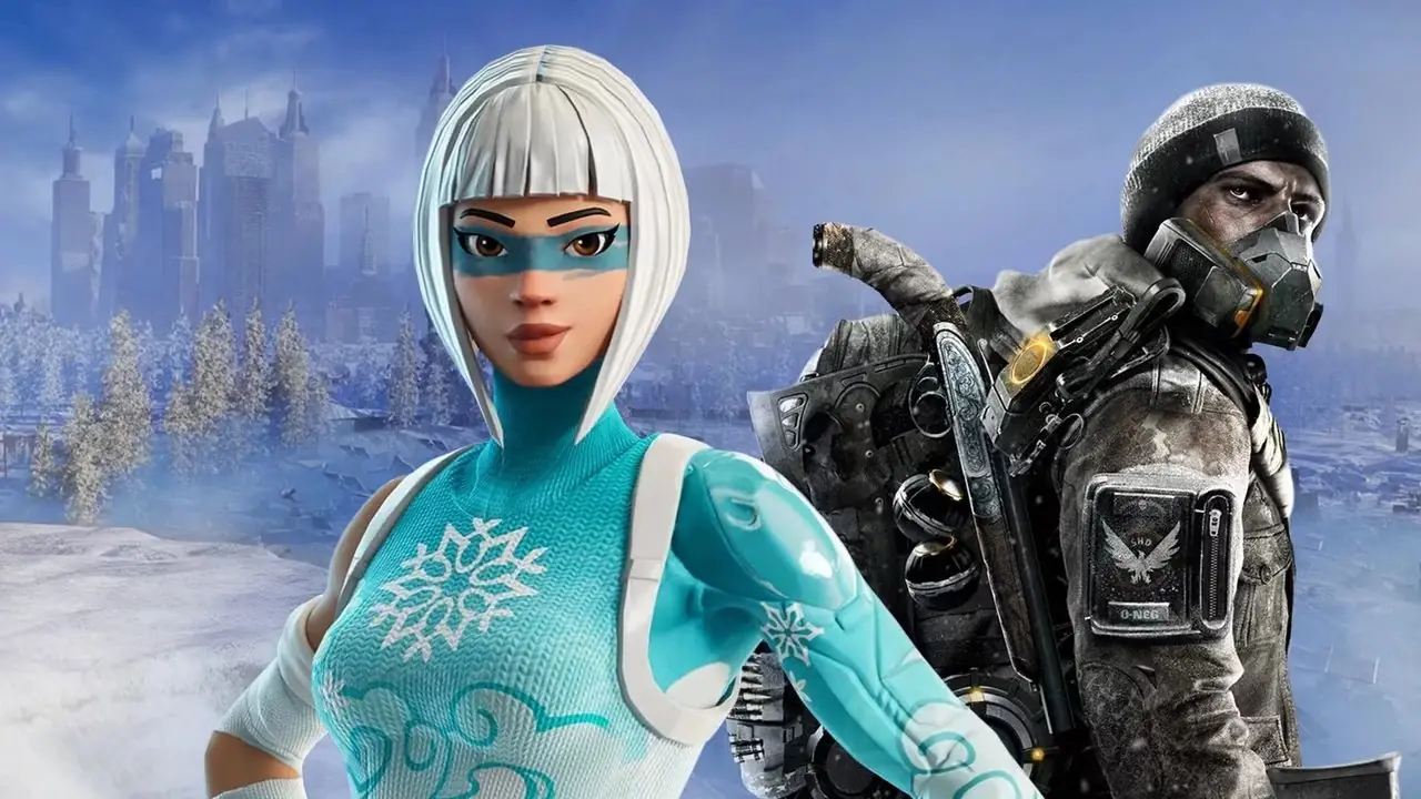 Fortnite-Charakter und Division-Charakter in der Permafrost-Spielumgebung