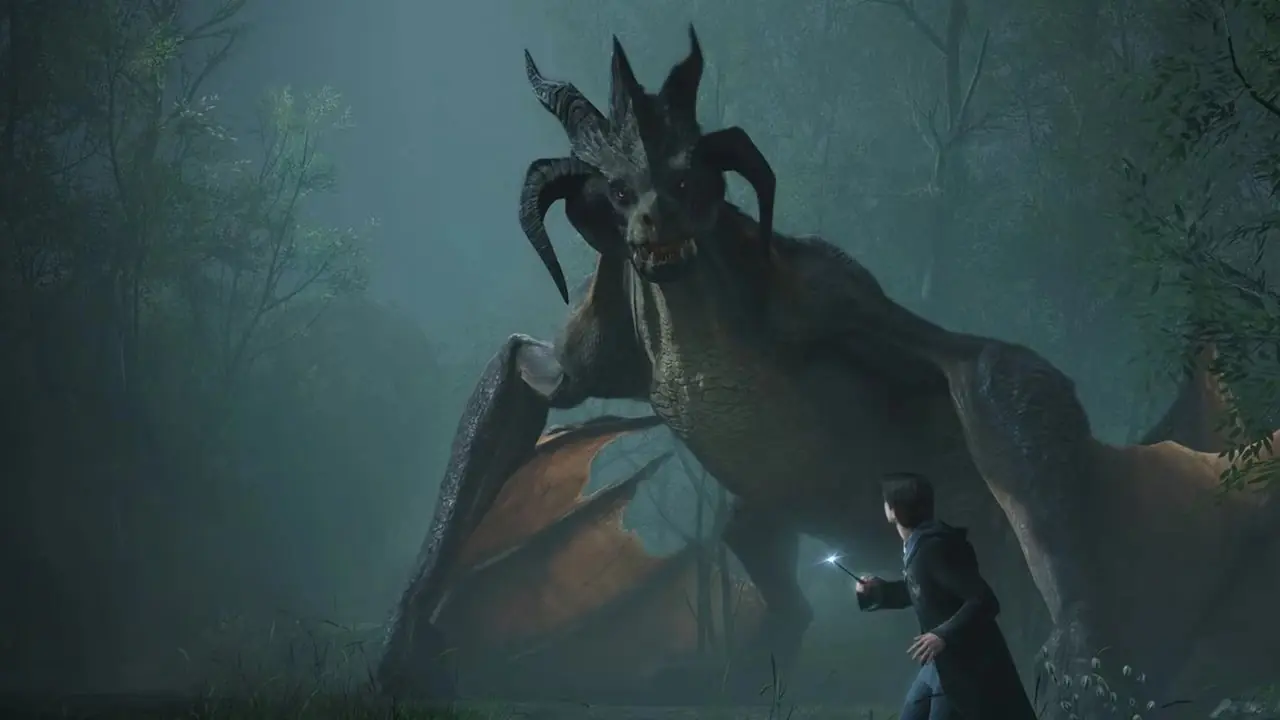 Un estudiante de Hogwarts se enfrenta a un enorme troll encadenado en Hogwarts Legacy