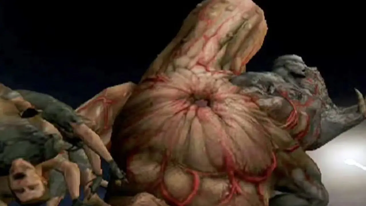 William Birkin Stage 2-Mutation aus Resident Evil 2 Remake mit einem verbogenen und kaputten Rohr als Waffe
