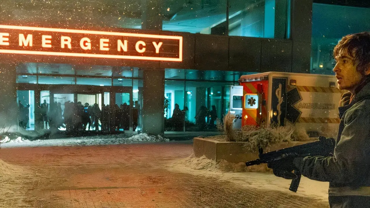 Austin Abrams als Bryan mit einem MP5-Maschinengewehr in einer Schneejacke vor einem Krankenhaus voller Zombies