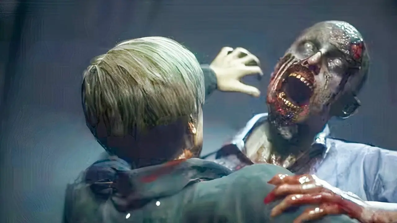 Widok z boku pierwszego zombie z zgniłymi ustami i bladym białym okiem z remake'u Resident Evil
