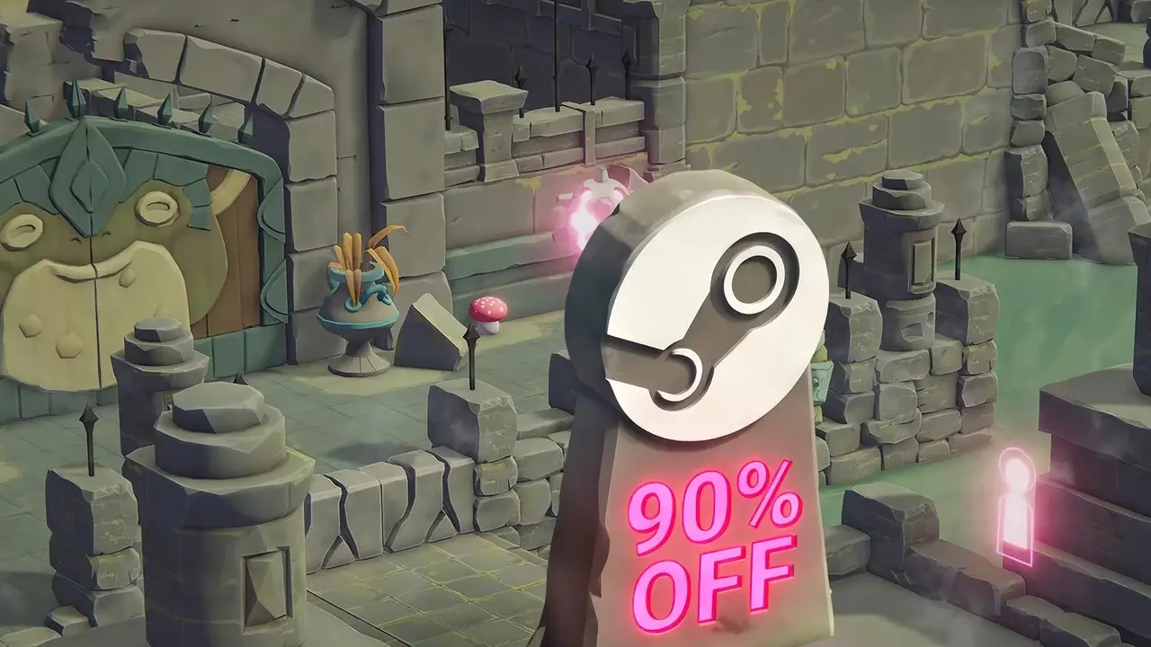 Una scena stilizzata del gioco Death's Door che mostra un cortile in pietra con oggetti rosa luminosi, sovrapposti da un grande logo Steam e da una lettura di testo al neon
