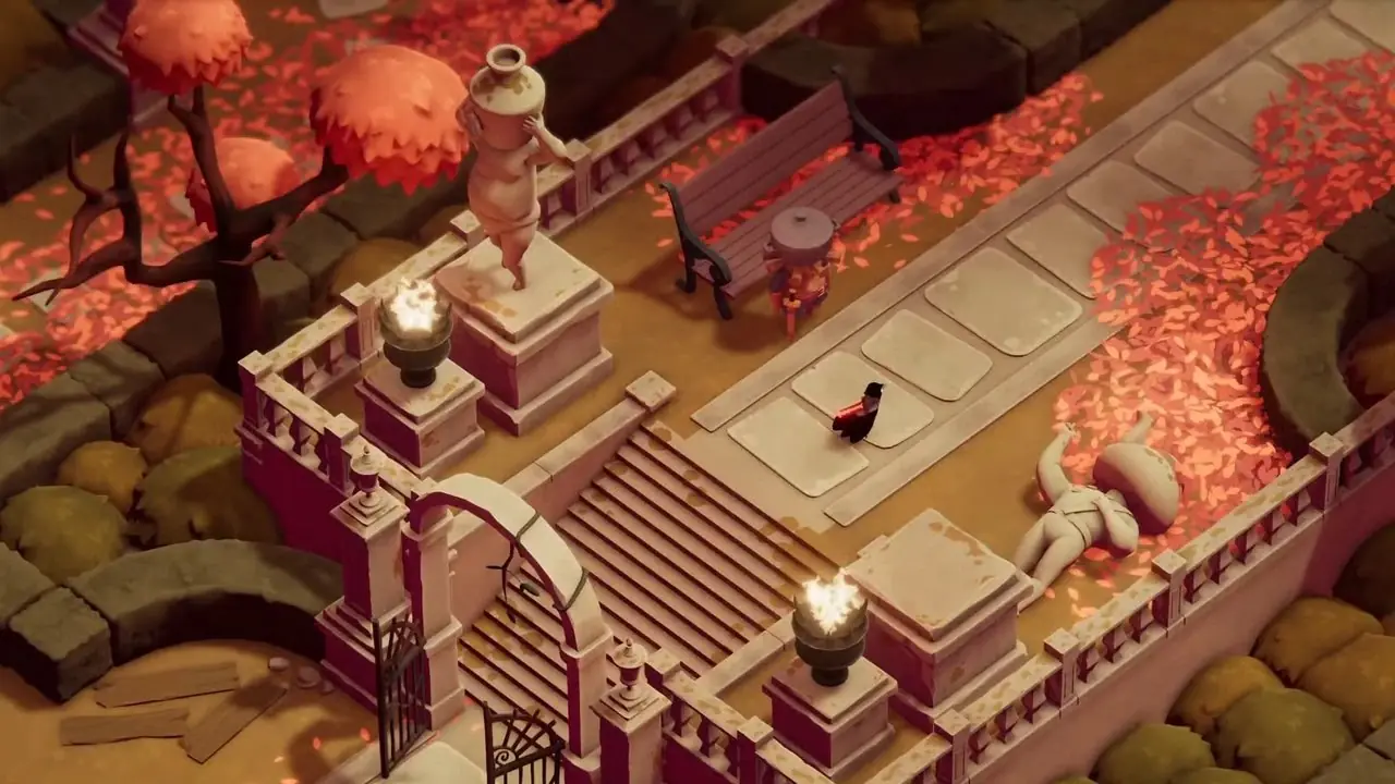 Een gestileerde Death's Door-spelscène met een stenen binnenplaats met gloeiende roze voorwerpen, bedekt met een groot Steam-logo en neontekstlezing