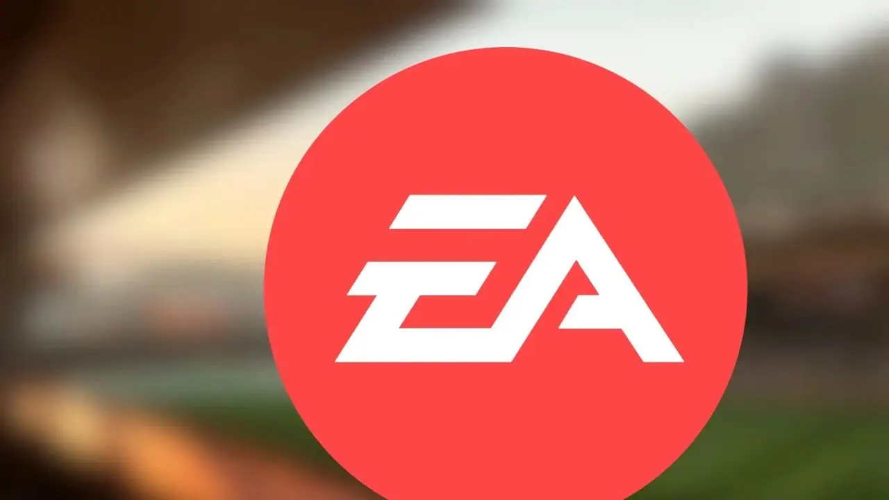 Das EA Sports-Logo vor einem verschwommenen Stadion von EA Sports FC 27