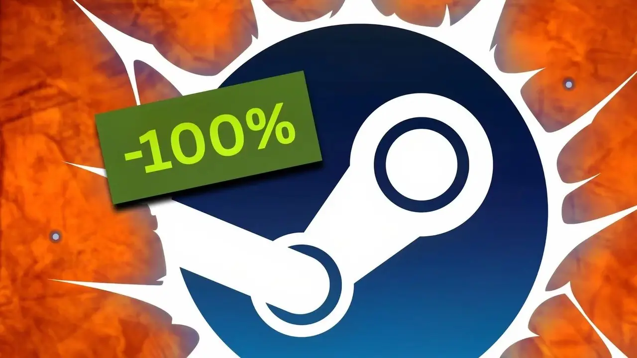 Logotipo de Steam con una insignia que muestra un cien por ciento de descuento.