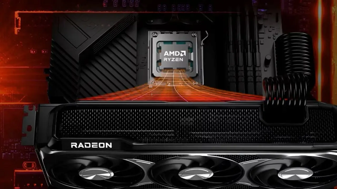 マザーボードに取り付けられた AMD Radeon グラフィックス カードと AMD Ryzen プロセッサのイメージ。