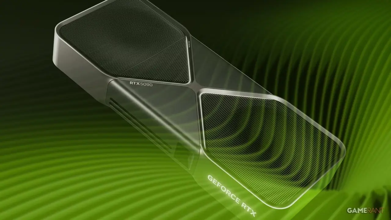 Nvidia GeForce RTX 5090 ग्राफ़िक्स कार्ड की एक छवि हरे रंग की पृष्ठभूमि में लुप्त हो रही है जो इसकी बढ़ती कमी का प्रतीक है।