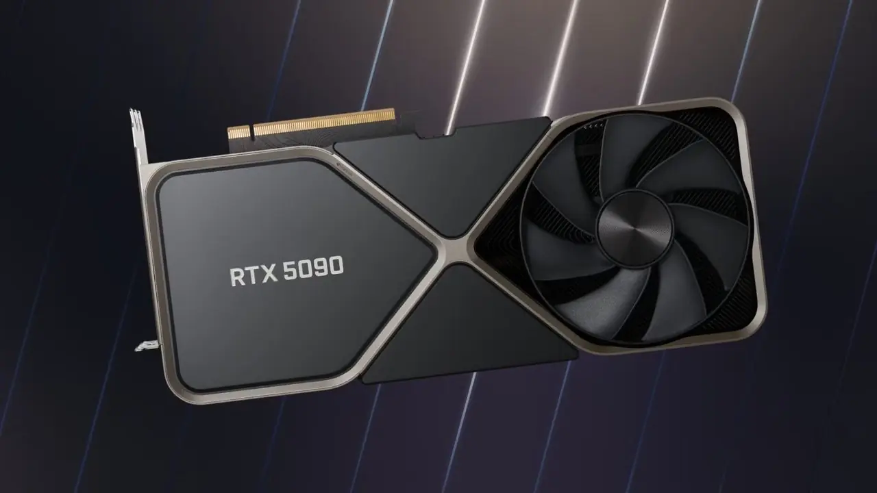 Een afbeelding van een Nvidia GeForce RTX 5090 grafische kaart die vervaagt naar een groene achtergrond om de groeiende schaarste te symboliseren.