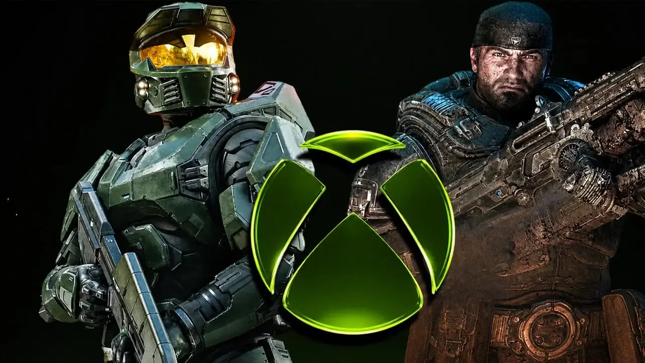 El Jefe Maestro de Halo y Marcus Fenix ​​de Gears of War están a ambos lados de un logotipo verde brillante de Xbox sobre un fondo negro, ambos sosteniendo rifles.