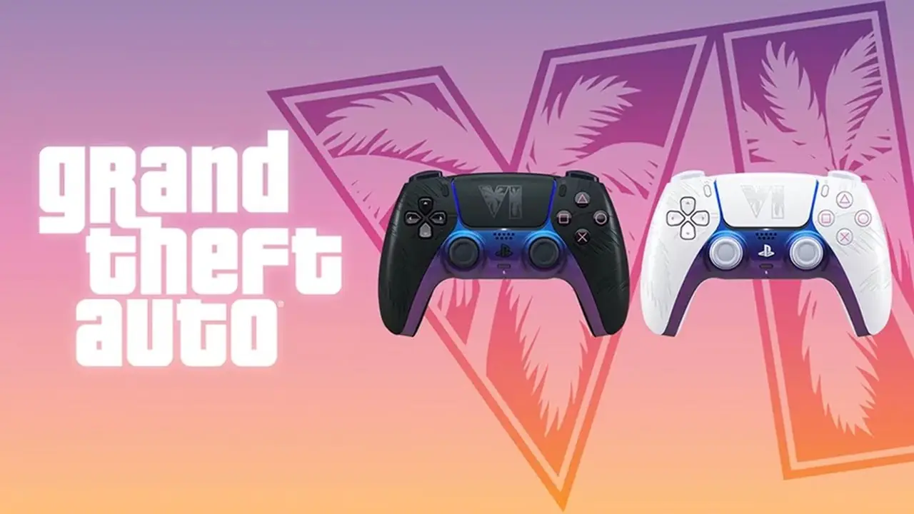 En offisiell Grand Theft Auto 6-utgave av en hvit DualSense PS5-kontroller ved siden av boksen på hvit bakgrunn.