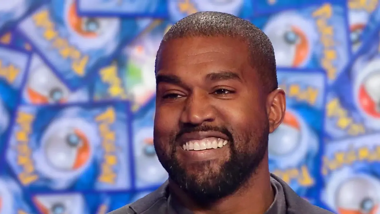 Kanye West vor einem verschwommenen Hintergrund aus Pokemon-Karten