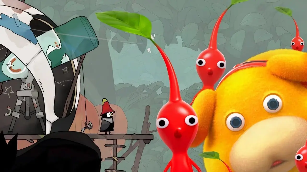 pikmin rojo junto a uno de los pájaros de los merlies.