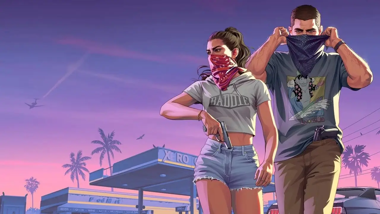 Protagonistas de GTA 6 em fundo roxo com posto de gasolina atrás deles