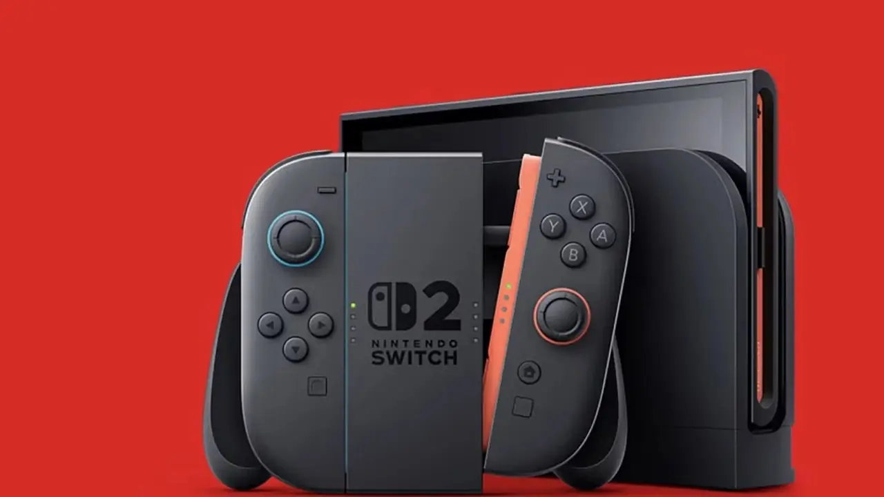 En bild av Mario som springer framför en suddig Nintendo Switch 2-konsol i dockat läge.
