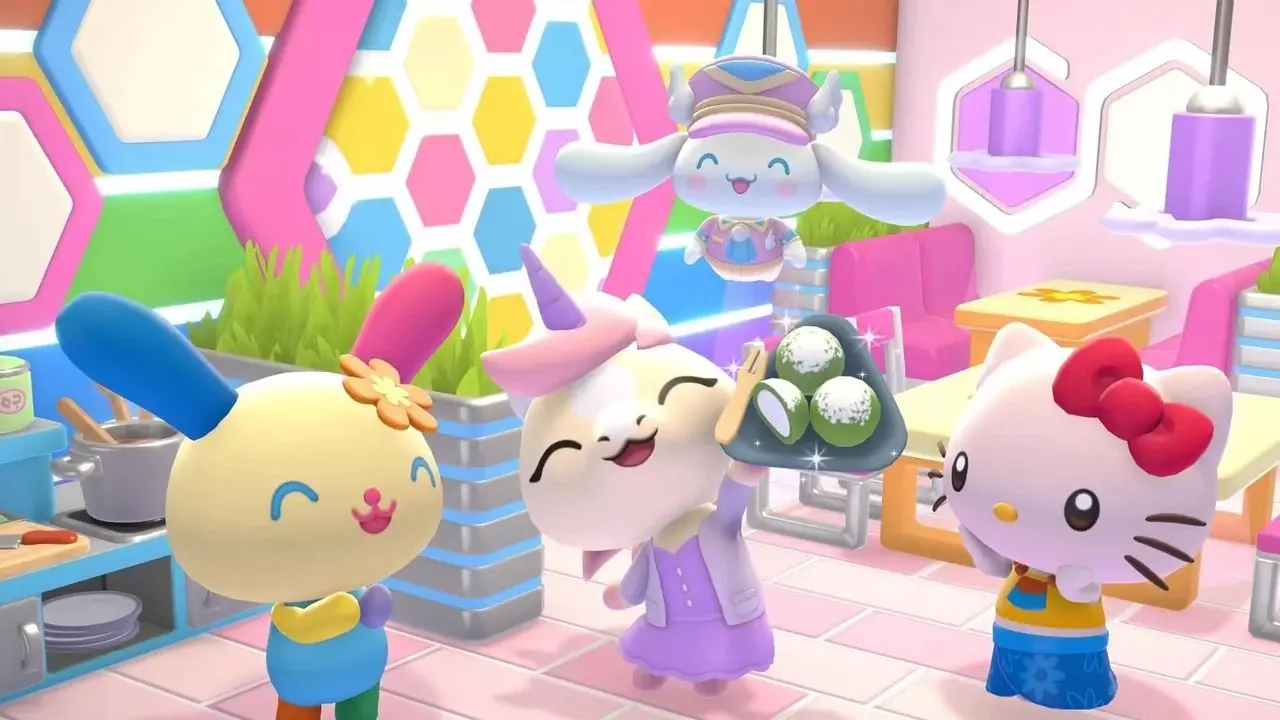 جهاز Nintendo Switch مع شعار Nintendo Switch Online معروض على خلفية غير واضحة من Hello Kitty Island Adventure